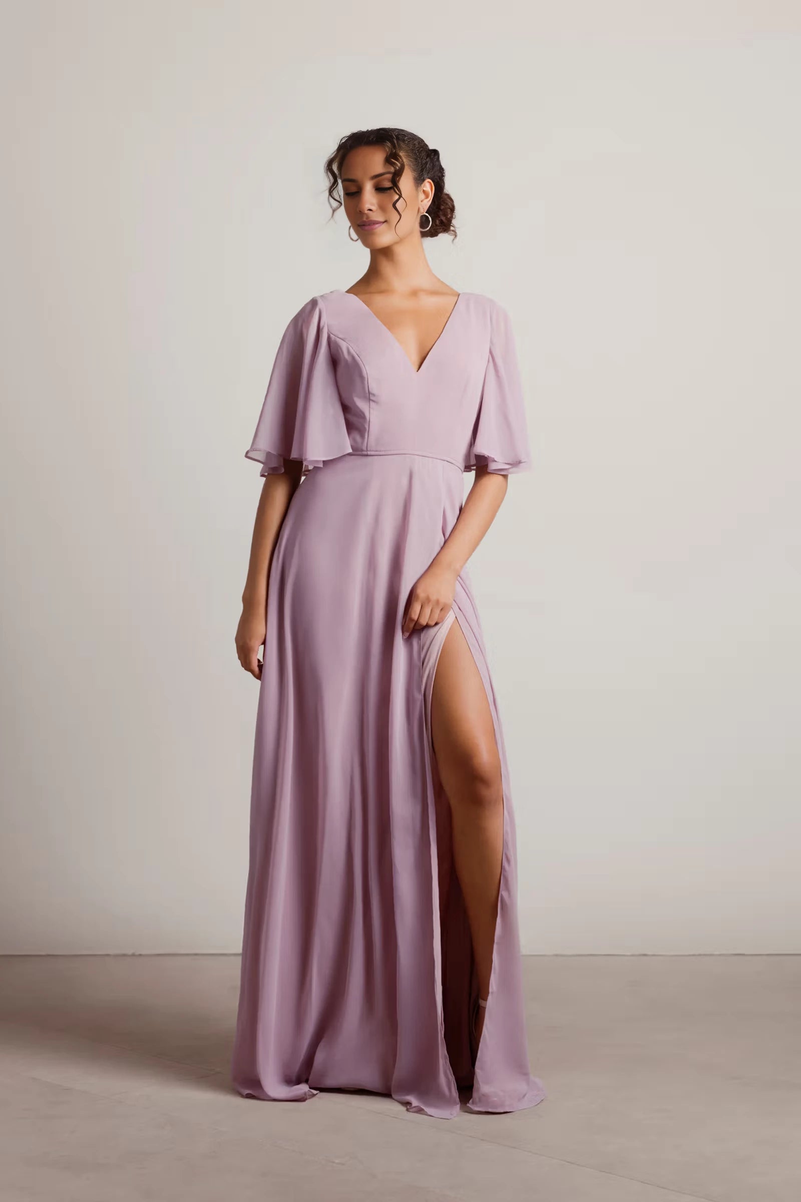 V-neck short sleeved backless side slit and floor length Prom dress